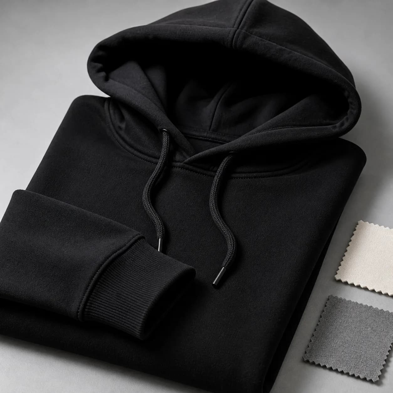 Folded heavyweight hoodie with fleece and fabric swatches