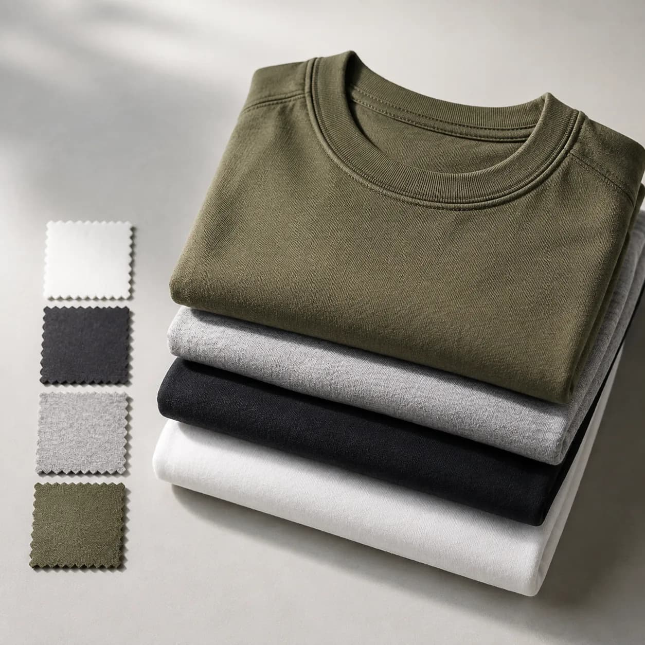 Folded heavyweight T-shirt stack with jersey swatches